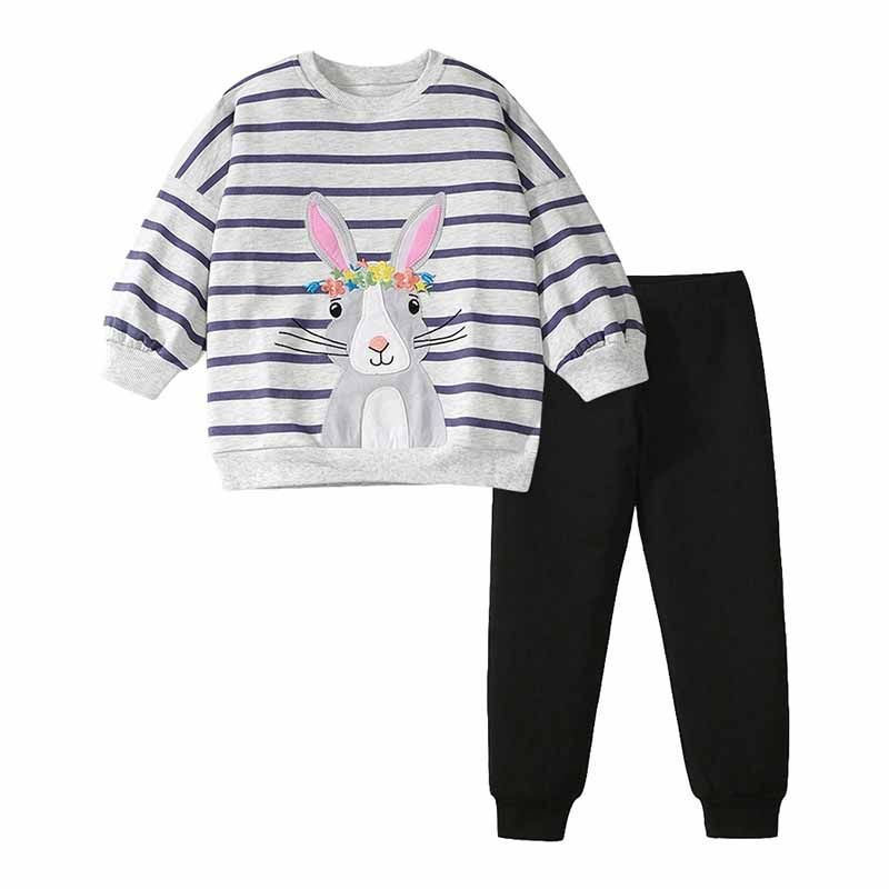 Kids Toddler Girls Casual Cute Cartoon Rabbit Stripe Long Sleeve Sweatshirts Pants Sets