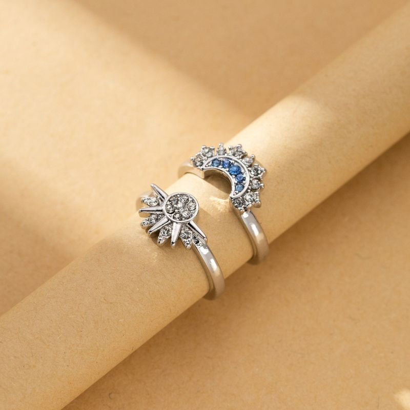 Simple Shining Sun Moon Blue Rhinestone Stacked Couple Ring Set