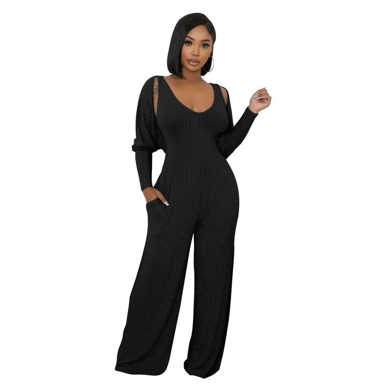 Women Fashion Solid Color Deep V Sleeveless Wide Leg Jumpsuits Long Sleeve Shawl Set