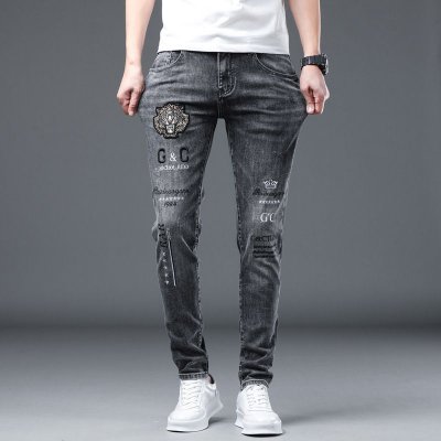 Men Casual Printed Solid Color Slight-Elasticity Skinny Jeans