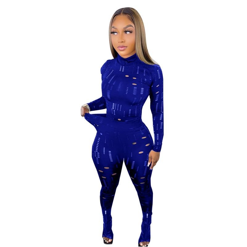 Women Sexy Ripped Turtle Neck Long-Sleeved Solid Color Top And Hollow Out Skinny Pants Set