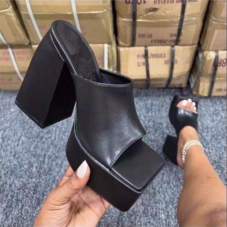 Women Fashion Exaggerated Plus Size Dairy Print Platform Chunky Heel Square Toe High Heel Slippers