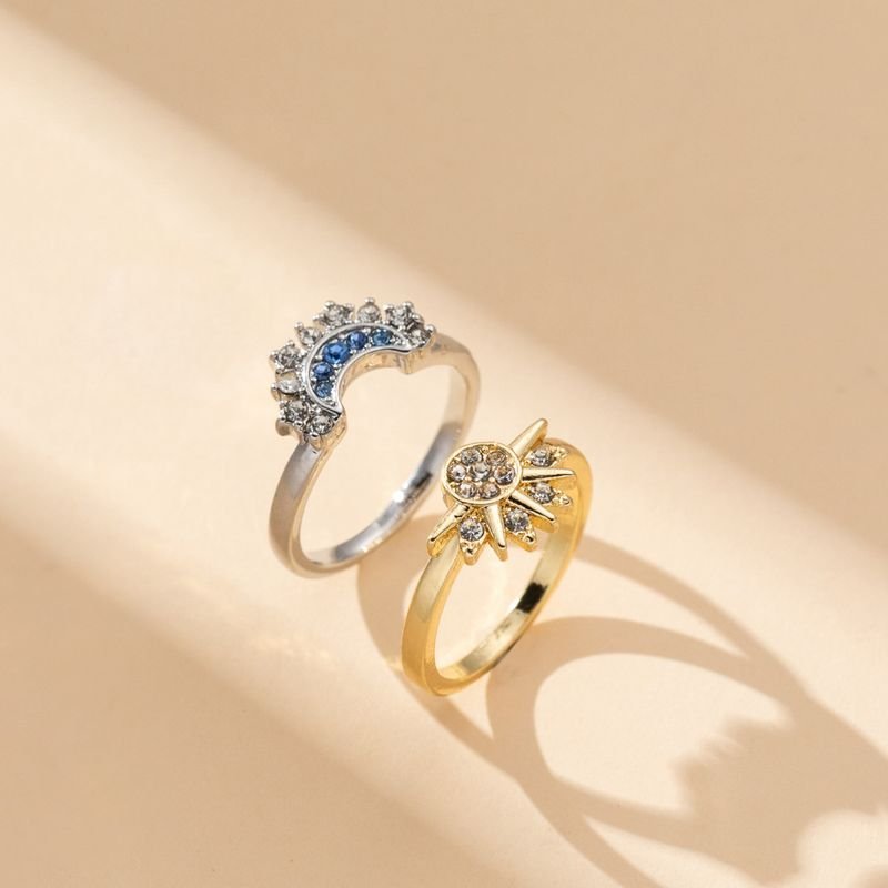 Simple Shining Sun Moon Blue Rhinestone Stacked Couple Ring Set