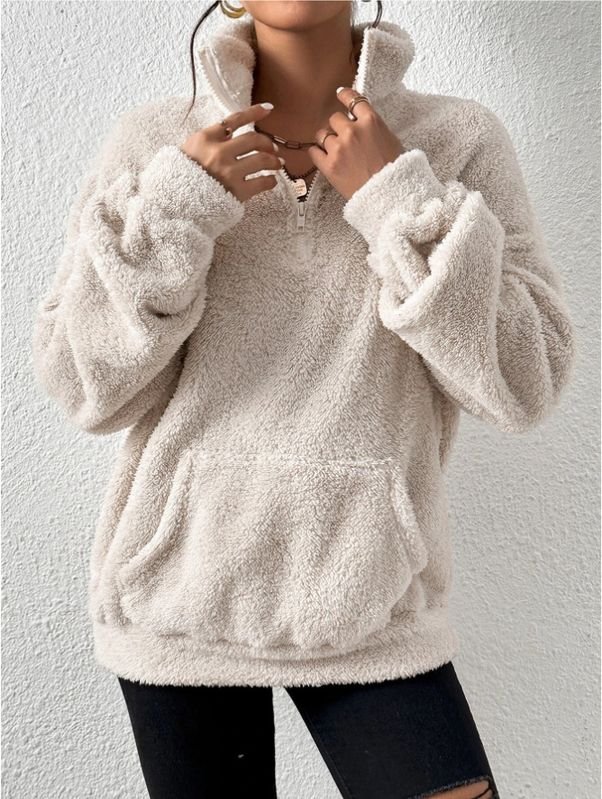 Autumn And Winter Women Casual Solid Color Plush Stand Collar Long Sleeve Sweatshirt