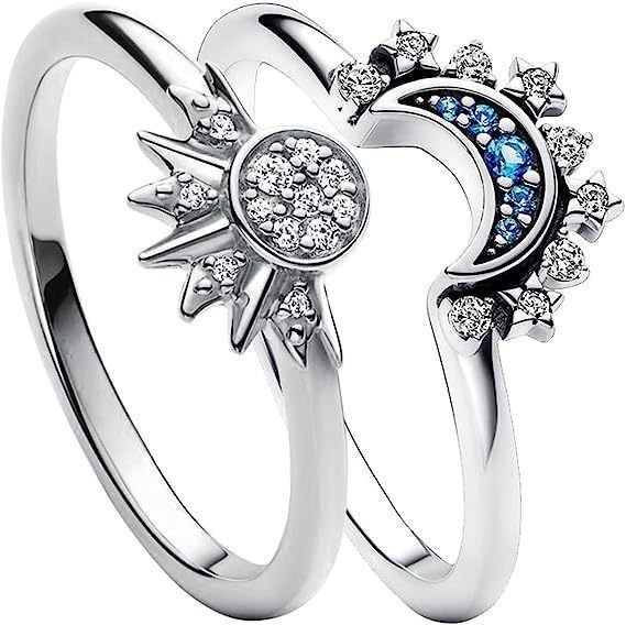 Simple Shining Sun Moon Blue Rhinestone Stacked Couple Ring Set