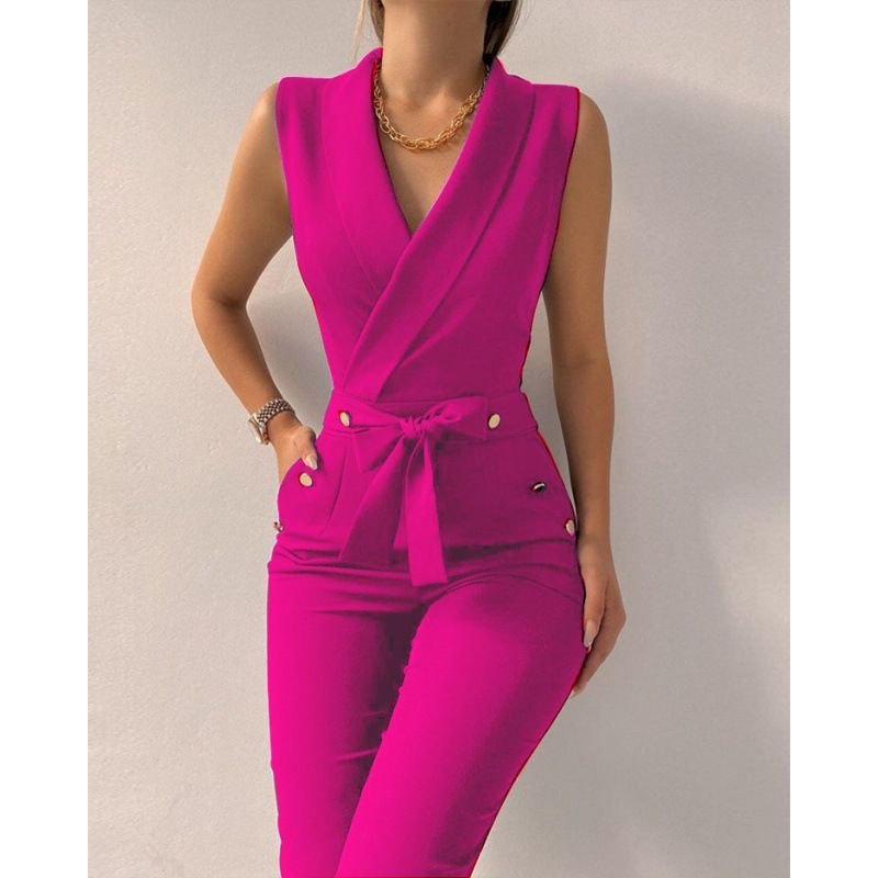 Summer Women Casual V-Neck Sleeveless Lace-Up Slim Fit Jumpsuits