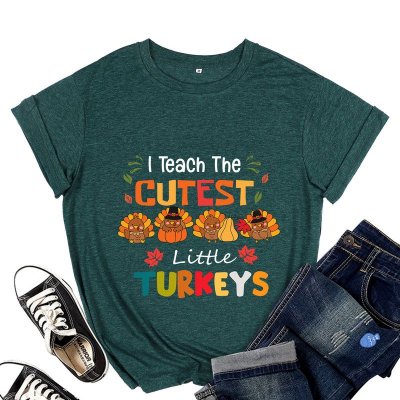 Women Top Halloween Thnaksgiving Pumpkin Print Colored Cotton T-Shirt