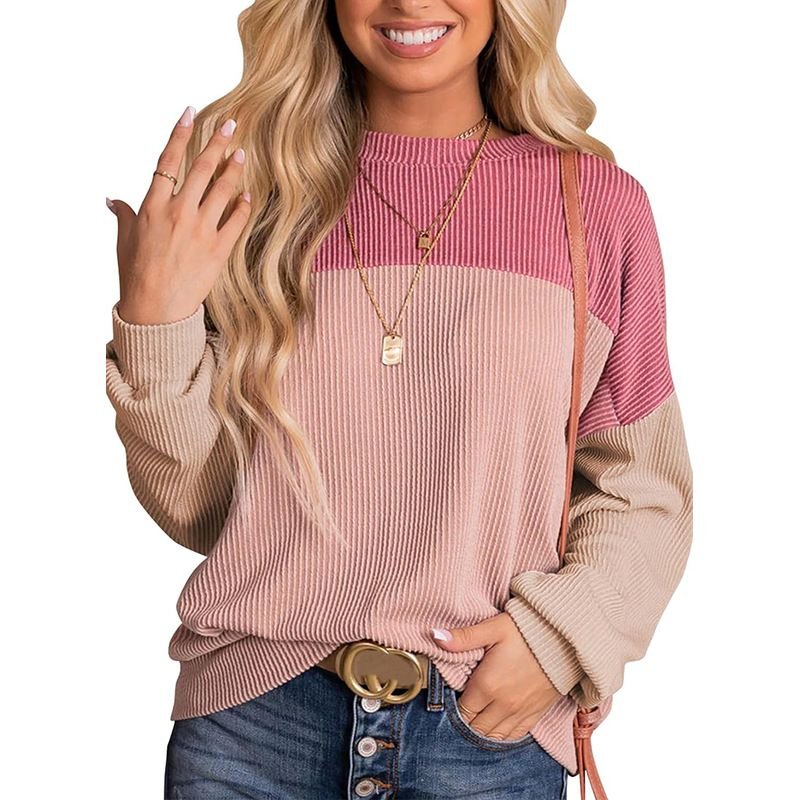 Women Fashion Casual Stripe Color Matching Round Neck Long Sleeve Sweatshirt