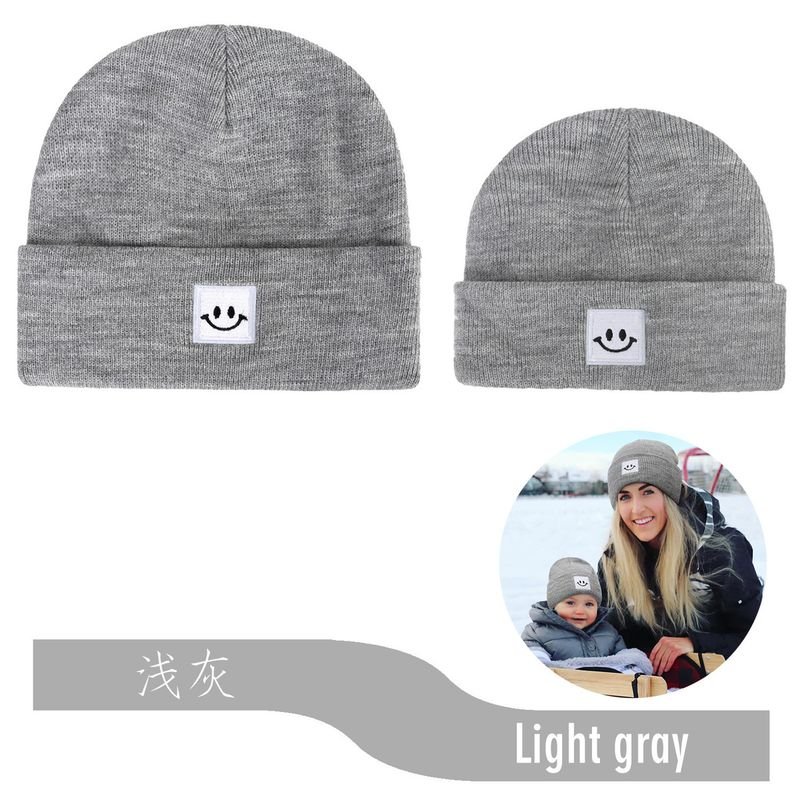 Autumn Winter Simple Solid Color Smiley Label Warm Knitted Parent-Child Wool Hat Set