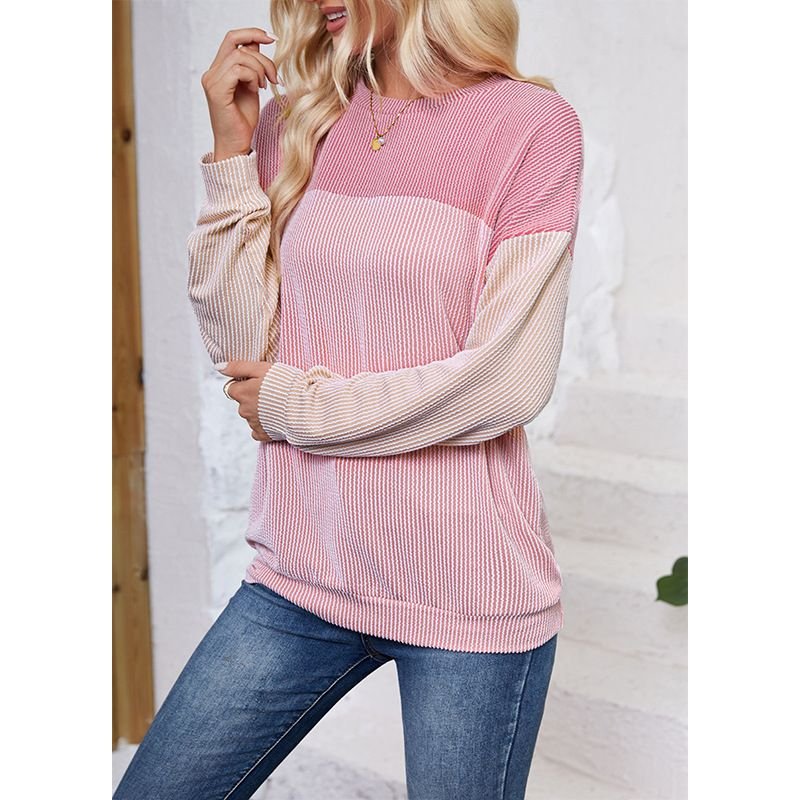 Women Fashion Casual Stripe Color Matching Round Neck Long Sleeve Sweatshirt