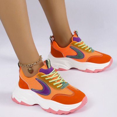 Women Casual Plus Size Color Block Thick-Soled Tie-Sneaker