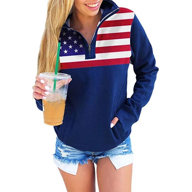 Women Fashion Geometric Print Half Zip Long Sleeve Sweatshirt