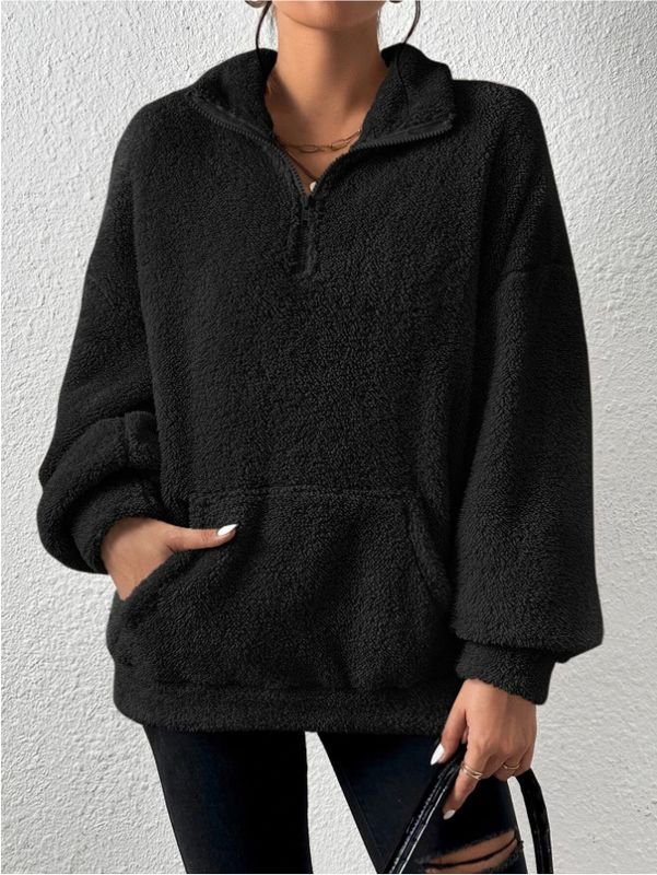 Autumn And Winter Women Casual Solid Color Plush Stand Collar Long Sleeve Sweatshirt