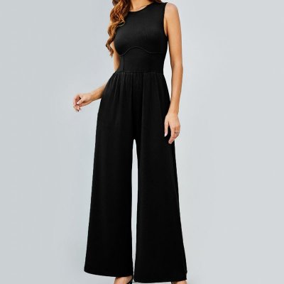 Women Fashion Casual Solid Color Sleeveless Wide Leg Jumpsuits