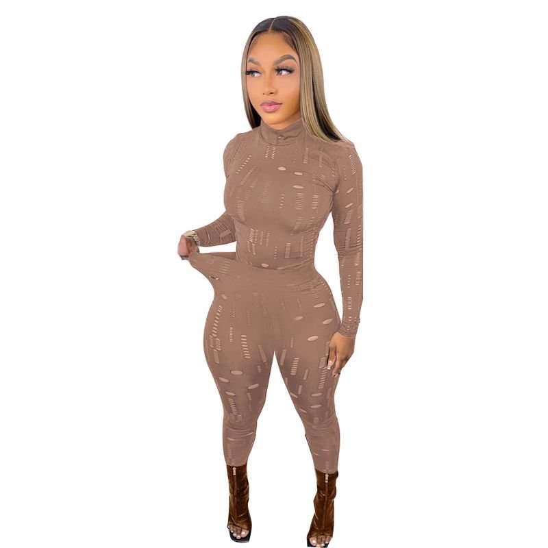 Women Sexy Ripped Turtle Neck Long-Sleeved Solid Color Top And Hollow Out Skinny Pants Set