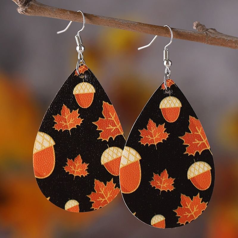 Autumn Thanksgiving Maple Leaf Pendant Pu Leather Earrings