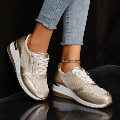 Women Casual Plus Size Round Toe Lace-Up Zipper Decorative Thick-Soled Sneaker