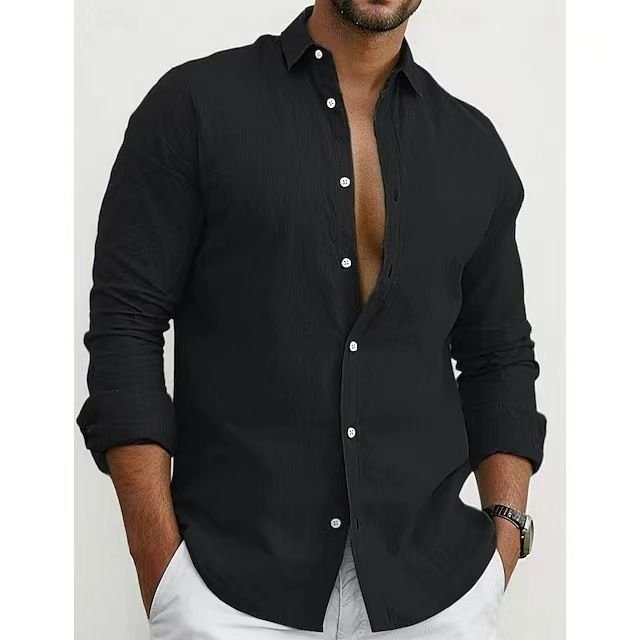 Men Fashion Casual Basic Solid Color Plus Size Long Sleeve Lapel Shirt