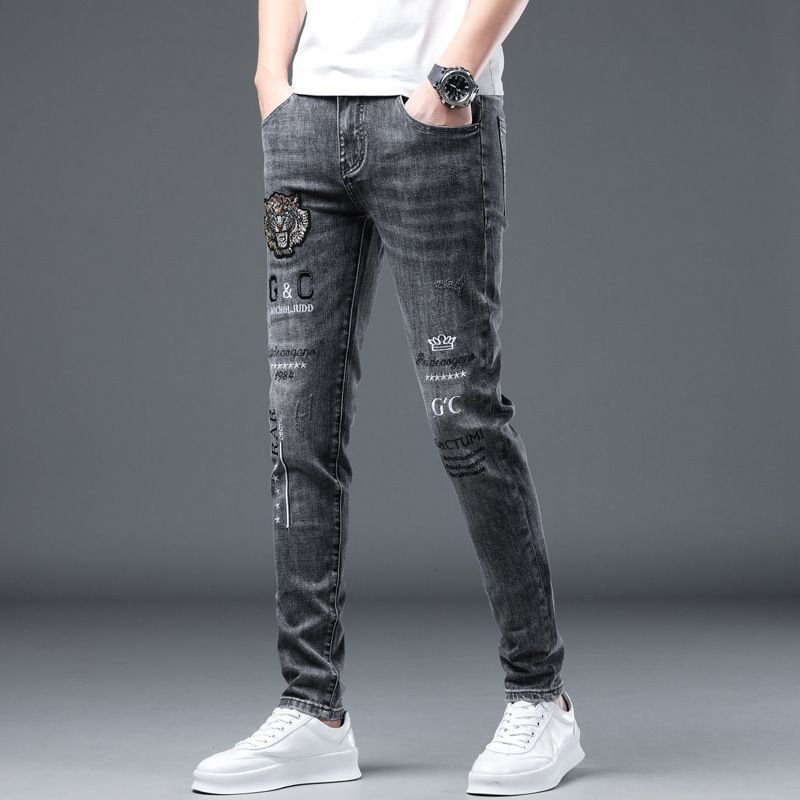 Men Casual Printed Solid Color Slight-Elasticity Skinny Jeans