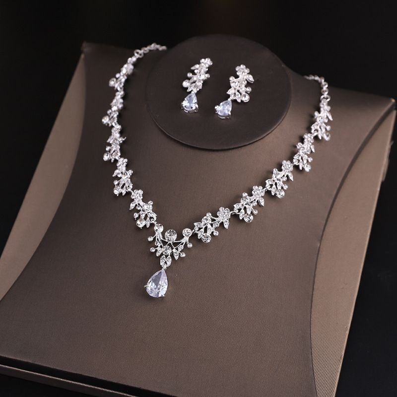 Bridal Fashion Zircon Earrings Necklace Wedding Jewelry Two-Piece Set