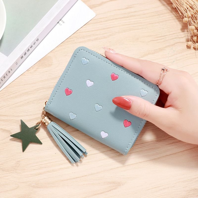 Women Fashion Casual Heart Pattern PU Zipper Wallets