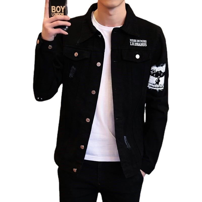 Men Fashion Casual Alphabet Slim-Fit Long Sleeve Lapel Denim Jacket