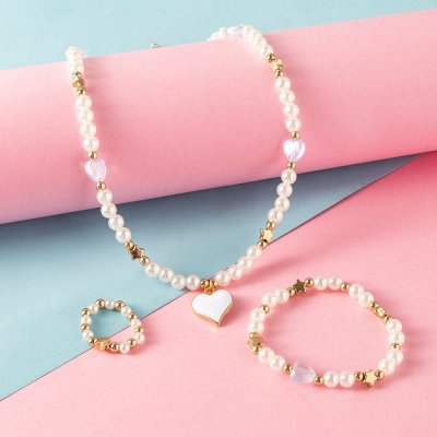 Children Kids Toddlers Girls Heart Necklace Ring Bracelet 3pcs Set