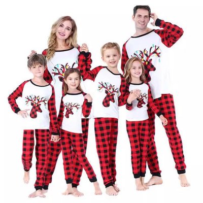 Cartoon Fashion Christmas Elk Black Red Plaid Print Round Neck Long Sleeve Home Parent-Child Pajamas Set