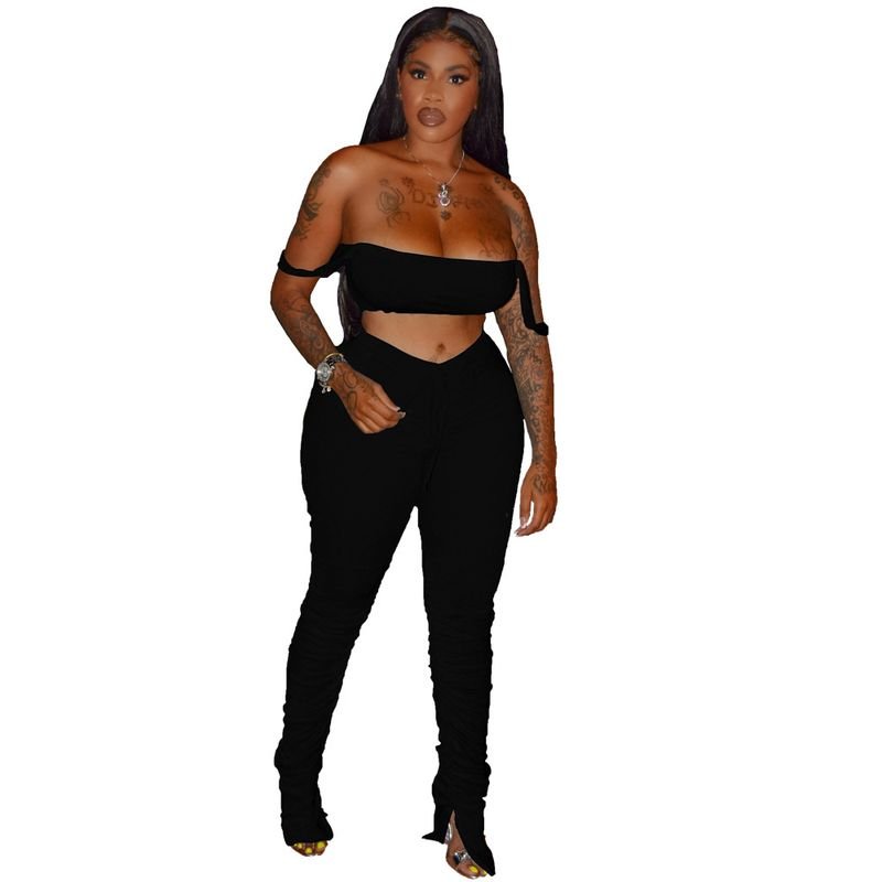 Women Sexy Night Out Sleeveless Solid Color Crop Tank Top And Drawstring Waist Side-slit Pants Set