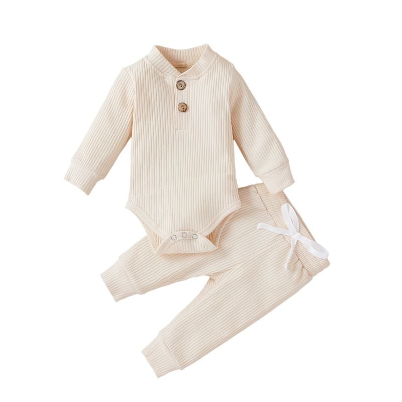 Kids Baby Boys Girls Casual Cute Solid Color Rib-Knit Long-Sleeved Romper Trousers Sets