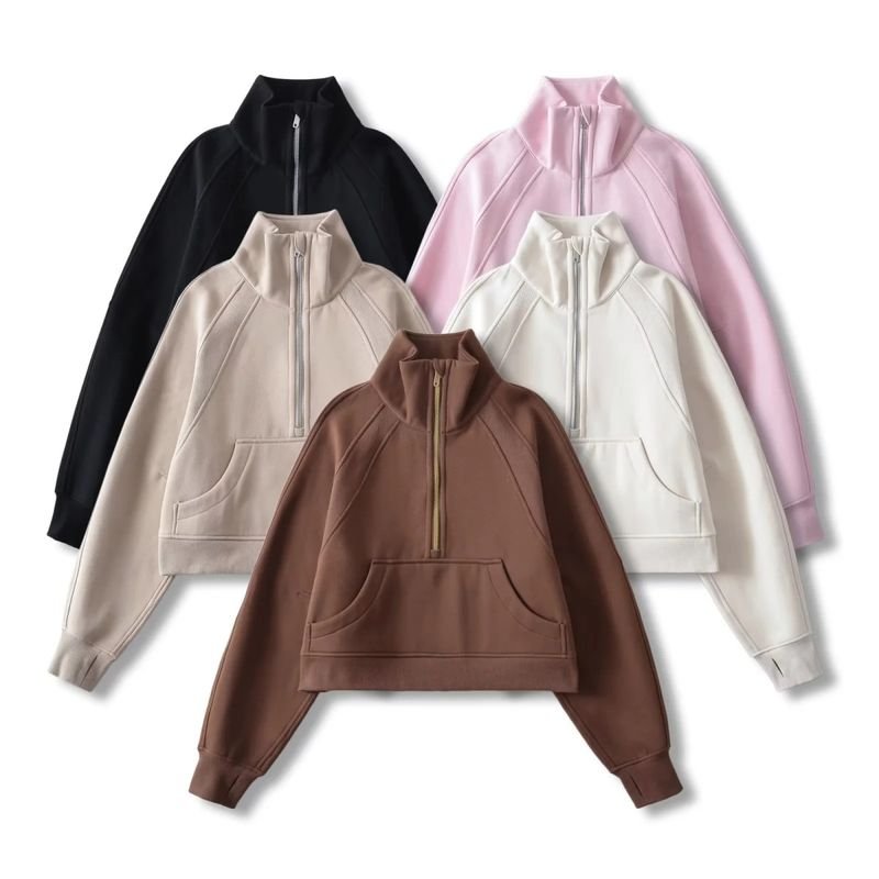 Casual Yoga Sports Loose Half Zipper Pullover Fleece-Lined Women Stand Collar Sweatshir Custom