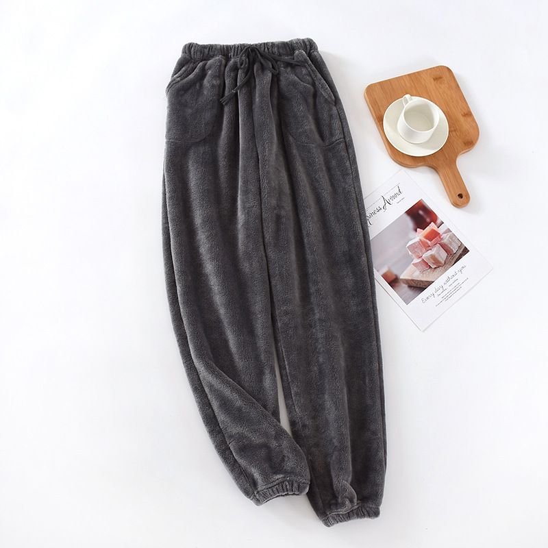 Men Autumn Winter Casual House Pajamas Solid Color Flannel Trousers