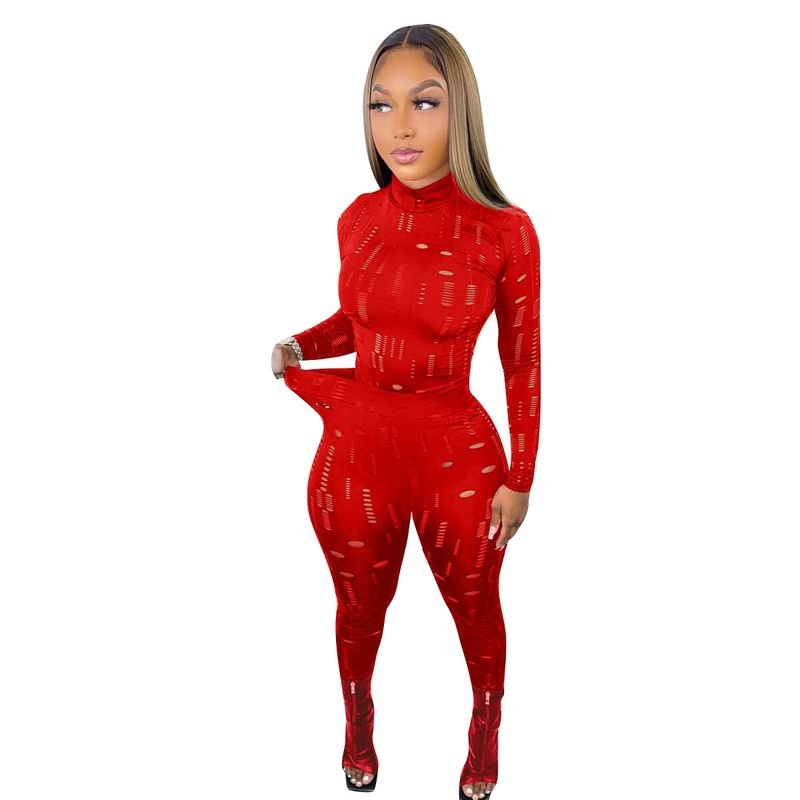 Women Sexy Ripped Turtle Neck Long-Sleeved Solid Color Top And Hollow Out Skinny Pants Set