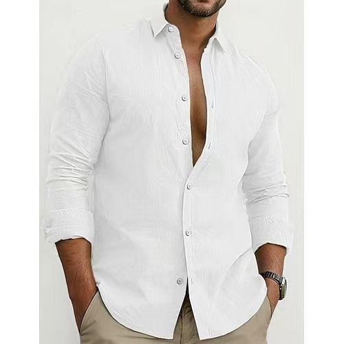 Men Fashion Casual Basic Solid Color Plus Size Long Sleeve Lapel Shirt