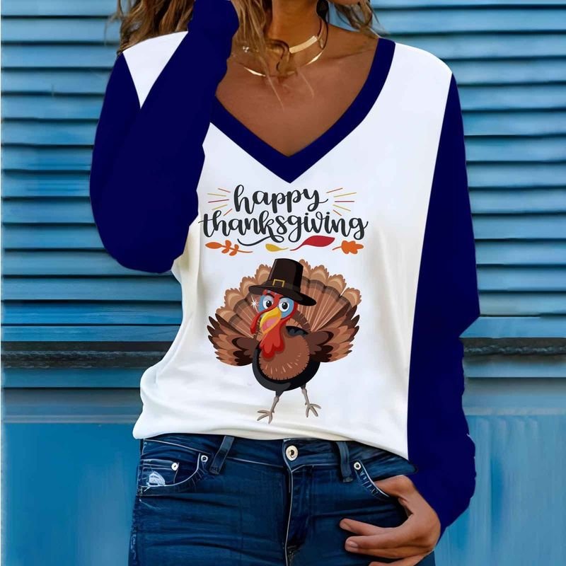 Women Long Sleeve V Neck Thanksgiving Pumpkin Autumn Turkey Party 3d Print T-Shirt