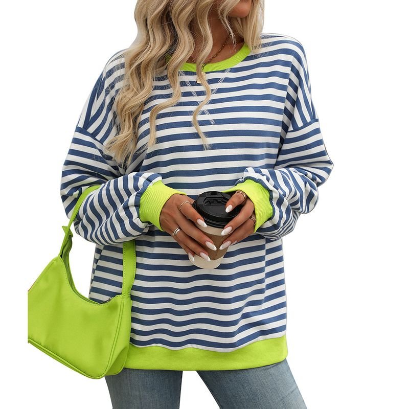 Women Fashion Stripe Print Round Neck Long Sleeve Sweatshirt