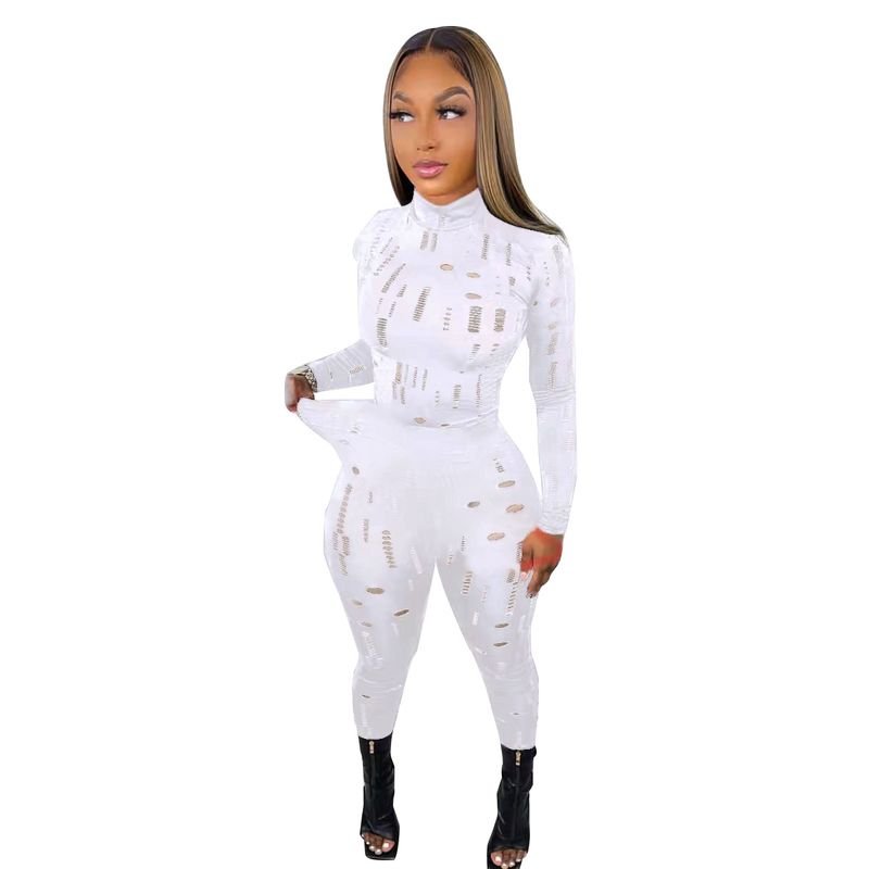 Women Sexy Ripped Turtle Neck Long-Sleeved Solid Color Top And Hollow Out Skinny Pants Set