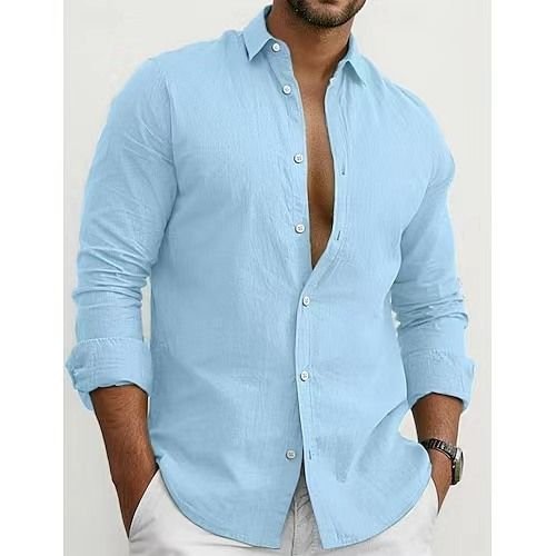 Men Fashion Casual Basic Solid Color Plus Size Long Sleeve Lapel Shirt