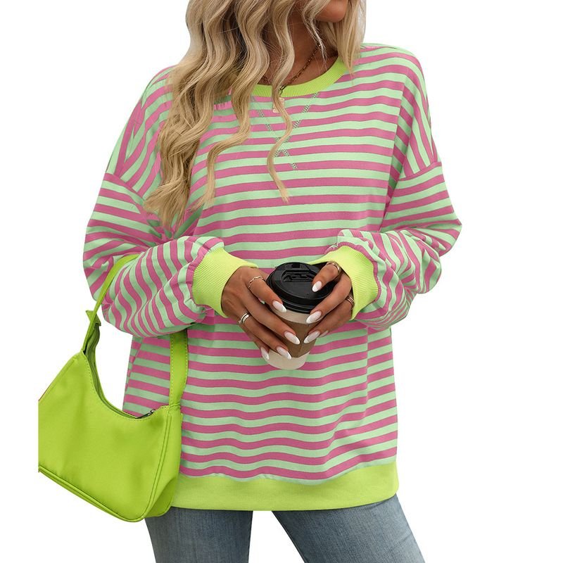 Women Fashion Stripe Print Round Neck Long Sleeve Sweatshirt