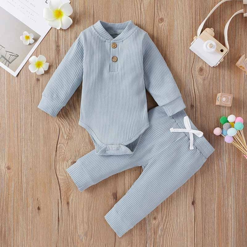 Kids Baby Boys Girls Casual Cute Solid Color Rib-Knit Long-Sleeved Romper Trousers Sets