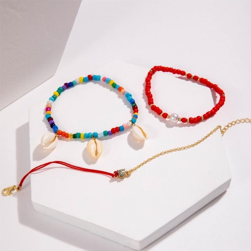 Summer Women Bohemian Style Rice Beads Beaded Shell Starfish Pearl Foot Chain Set