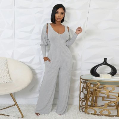 Women Fashion Solid Color Deep V Sleeveless Wide Leg Jumpsuits Long Sleeve Shawl Set