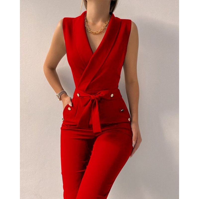 Summer Women Casual V-Neck Sleeveless Lace-Up Slim Fit Jumpsuits