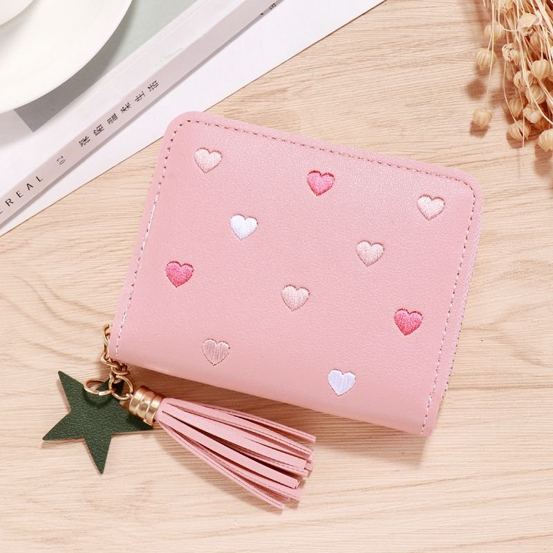 Women Fashion Casual Heart Pattern PU Zipper Wallets