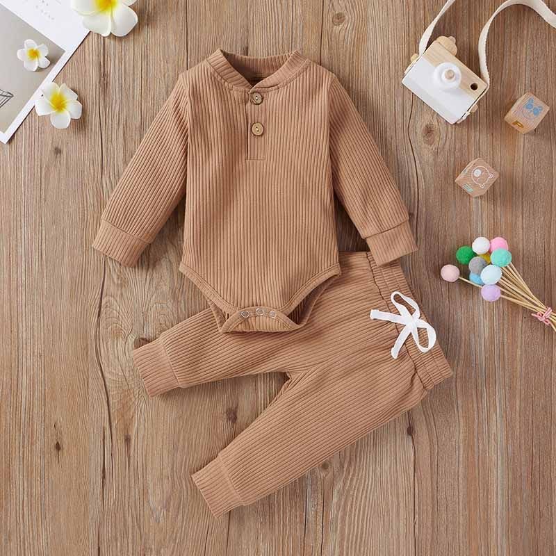 Kids Baby Boys Girls Casual Cute Solid Color Rib-Knit Long-Sleeved Romper Trousers Sets