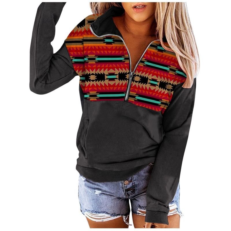 Women Fashion Geometric Print Half Zip Long Sleeve Sweatshirt