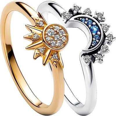 Simple Shining Sun Moon Blue Rhinestone Stacked Couple Ring Set