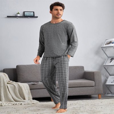 Men Casual Round Neck Long Sleeve Pajamas Plaid Trousers Suit