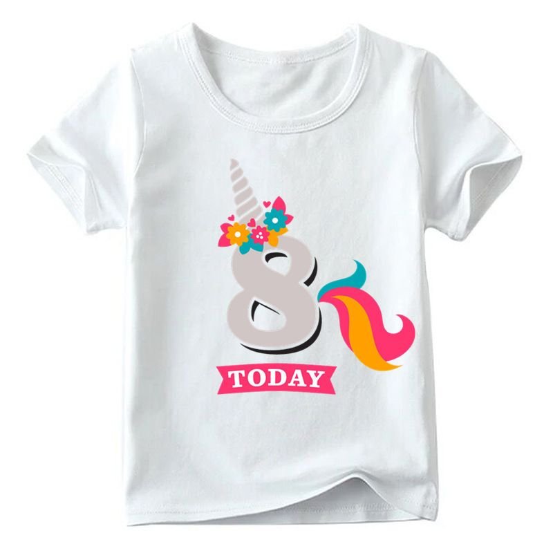 Kids Cute Cartoon Unicorn Number Pattern Round Neck Short Sleeve Birthday Loose T-shirt