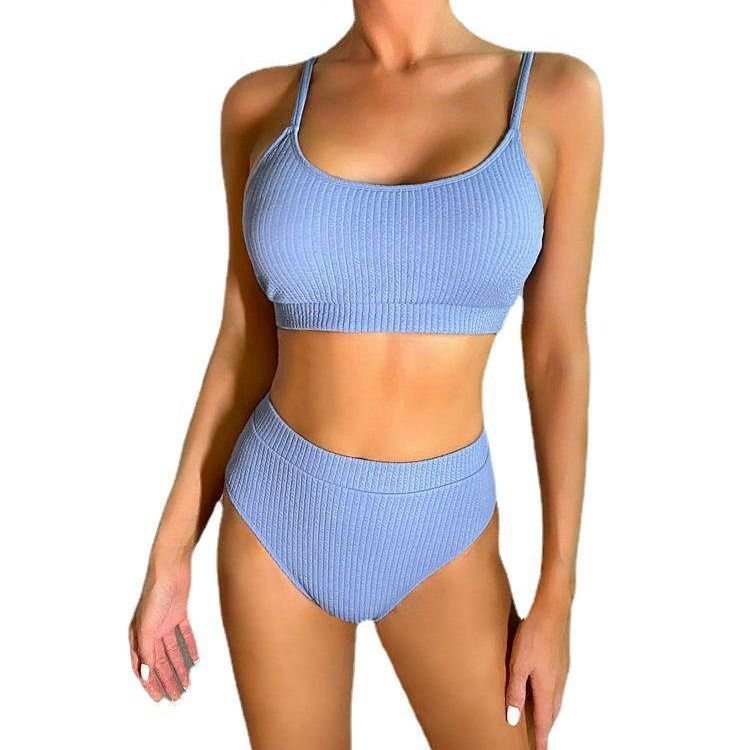 Summer Women Fashion Sexy Solid Color Sling High Waist Swimsuit Set